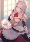  1girl apron armor ascot bangs blunt_bangs breasts cup genshin_impact gloves hair_ornament highres holding holding_tray indoors juwei looking_at_viewer maid maid_apron maid_headdress noelle_(genshin_impact) red_ascot shoulder_armor solo teacup teapot tray white_gloves white_hair yellow_eyes 