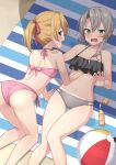  2girls akahi242 all_fours aqua_eyes ass_visible_through_thighs asymmetrical_hair ball bangs beachball bikini blonde_hair blue_eyes feet_out_of_frame flipped_hair grey_hair hand_under_clothes hand_under_swimsuit highres kantai_collection looking_at_viewer lotion lying maikaze_(kancolle) mismatched_bikini multiple_girls navel nowaki_(kancolle) pink_bikini ponytail scrunchie short_hair side-tie_bikini_bottom sunscreen swept_bangs swimsuit 