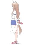  1girl animal_ears ankle_grab blue_shorts blush brown_hair closed_mouth grass_wonder_(umamusume) gym_shirt gym_shorts gym_uniform highres horse_ears horse_girl horse_tail long_hair looking_away profile puffy_short_sleeves puffy_sleeves red_footwear shadow shirt shoes short_sleeves shorts solo standing standing_on_one_leg tail umamusume vent_arbre very_long_hair white_background white_shirt 