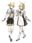  1boy 1girl absurdres after0217 aqua_eyes bangs black_footwear black_necktie black_shorts blonde_hair blush bow bow_hairband closed_mouth dress fang gloves hair_between_eyes hair_bow hairband hand_up high_collar highres instrument_hair_ornament kagamine_len kagamine_rin kneehighs light_blush looking_at_viewer mary_janes miku_symphony_(vocaloid) neck_ribbon necktie parted_bangs ribbon shirt shoes short_hair short_necktie short_ponytail short_sleeves shorts signature simple_background skin_fang smile socks standing suspender_shorts suspenders two-sided_ribbon vocaloid white_background white_bow white_dress white_gloves white_shirt white_socks 
