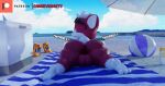  3d_(artwork) alternate_version_at_source anthro anus backsack ball balls beach beach_ball beach_towel beverage_can big_butt butt butt_jiggle camseven chip_(sonic) cooler digital_media_(artwork) english_text eyewear fur genitals girly hair hi_res inflatable jiggling looking_at_viewer looking_back lying male mammal on_front outside public public_nudity rear_view red_body red_fur seaside sega solo sonic_the_hedgehog_(series) sonic_unleashed sunglasses sunscreen teapot_(body_type) text thick_thighs towel unknown_species watermark white_hair wide_hips wings 