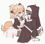  2girls after_kiss animal_ears animal_hands animal_nose apron arm_support bangs_pinned_back between_legs black_dress black_fur black_hair black_headwear blonde_hair blush body_fur breasts brown_fur claws closed_eyes clothes_lift commentary_request crayon_(crayon1006) cropped_legs cross dog_ears dog_girl dog_tail dress dress_lift earrings ears_down fang fingering frilled_apron frills from_side furry furry_female furry_with_furry habit hair_ribbon half-closed_eyes hand_between_legs hand_on_another&#039;s_cheek hand_on_another&#039;s_face hand_up highres jewelry juliet_sleeves latin_cross leaning_back long_hair long_sleeves looking_at_another maid maid_apron maid_headdress multicolored_fur multiple_girls neck_ribbon nose_blush nun open_mouth original ponytail profile puffy_sleeves red_eyes ribbon saliva saliva_trail sidelocks simple_background sitting sketch skin_fang small_breasts snout stud_earrings sweat tail thighhighs trembling u_u white_apron white_background white_fur white_ribbon white_thighhighs yuri 