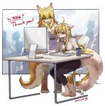  2girls ahoge animal_ear_fluff animal_ears animal_feet artist_name black_necktie black_pants blonde_hair blurry blurry_background body_fur brown_fur chair closed_mouth collared_shirt commission computer cup digitigrade ears_down fox_ears fox_girl fox_tail full_body furry furry_female green_eyes indoors keyboard_(computer) long_hair looking_at_another looking_at_object monitor mouse_(computer) mullmull02 multiple_girls necktie original pants red_eyes shirt short_eyebrows sitting skeb_commission smile solo standing table tail twitter_username white_shirt yellow_fur 