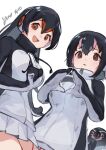  2girls bird black_hair black_hoodie blush brown_eyes commentary from_below gentoo_penguin_(kemono_friends) grape-kun headphones high_collar highres hood hoodie humboldt_penguin_(kemono_friends) kemono_friends long_hair long_sleeves looking_at_viewer mittens multicolored_hair multiple_girls noor7 orange_eyes orange_hair penguin penguin_girl pink_hair pleated_skirt short_hair skirt streaked_hair two-tone_hoodie white_hoodie white_skirt 