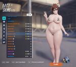  1girl 3d animal_print bangs barefoot bikini blender_(medium) blurry blurry_background bow bowtie breasts brown_eyes brown_hair cleavage closed_mouth cow_print drone fake_screenshot fugtrup full_body glasses hair_bun hair_ornament highres large_breasts lips looking_at_viewer mei_(overwatch) navel outdoors overwatch overwatch_2 plump shadow single_hair_bun slingshot_swimsuit smile solo standing swimsuit toes user_interface v 