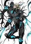  1girl arm_cannon black_sclera blonde_hair blue_eyes claws colored_sclera dark_samus highres looking_at_viewer metroid metroid_prime_3:_corruption phazon ponytail power_suit reaching_out samus_aran weapon yourfreakyneighbourh 