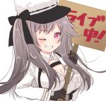  1girl azur_lane bangs between_breasts black_gloves black_ribbon breast_pocket breasts cleavage gloves grey_hair grin hat hat_ribbon holding holding_sign large_breasts long_hair long_sleeves looking_at_viewer mikuchi3939 military military_uniform one_eye_closed pamiat_merkuria_(azur_lane) pink_eyes pocket ribbon sign simple_background smile solo translated uniform upper_body v-shaped_eyebrows very_long_hair white_background white_headwear 