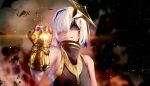  1girl amane_kanata bangs blue_hair colored_inner_hair cosplay gauntlets grey_hair highres hololive infinity_gauntlet infinity_gems marvel multicolored_hair parus_p purple_eyes short_hair smile smoke solo streaked_hair thanos thanos_(cosplay) virtual_youtuber 