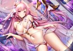  1girl bangs bare_shoulders blush breasts cleavage collarbone elf elysia_(herrscher_of_human:ego) elysia_(honkai_impact) hair_ornament highres honkai_(series) honkai_impact_3rd large_breasts long_hair looking_at_viewer navel pink_hair pointy_ears purple_eyes revealing_clothes solo thighs wsman 
