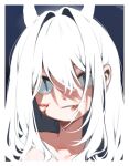  1girl blood blood_on_face blue_background blue_eyes closed_mouth dated english_commentary hair_between_eyes hair_intakes highres horns long_hair looking_at_viewer messy_hair original simple_background slit_pupils solo upper_body useq1067 white_hair white_horns 