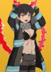  1girl :d arms_up baggy_pants bangs bikini bikini_top_only black_bikini black_coat black_hair breasts cleavage coat commentary_request cowboy_shot en&#039;en_no_shouboutai fiery_ears fiery_tail fire firefighter_jacket gloves grey_pants hip_vent jacket long_hair medium_breasts metal_gloves midriff navel open_clothes open_coat open_mouth pants rikku04 sidelocks simple_background smile solo standing swimsuit tail tamaki_kotatsu twintails yellow_background yellow_eyes 