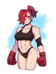  1girl bangs bare_shoulders boxing_gloves breasts cleavage collarbone commentary cropped_legs difman english_commentary groin hair_over_one_eye highres looking_at_viewer medium_breasts navel original parted_lips ponytail red_eyes red_hair solo 