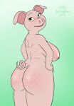  2022 anthro areola breasts butt domestic_pig female green_eyes hi_res hirurux illumination_entertainment mammal mature_anthro mature_female nipples pink_body rosita_(sing) sing_(movie) solo suid suina sus_(pig) 