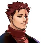  1boy beard blue_eyes boku_no_hero_academia closed_mouth commentary endeavor_(boku_no_hero_academia) facial_hair jewelry keva_(liltkeva) male_focus necklace portrait red_hair scar scar_across_eye scar_on_face short_hair simple_background solo symbol-only_commentary turtleneck twitter_username white_background 