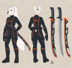  2022 5_fingers anthro arctic_fox black_nose bodysuit boots breasts canid canine clothed clothing digital_media_(artwork) female fingers footwear fox front_view fur gloves hair handwear hi_res humanoid_hands inner_ear_fluff looking_at_viewer mammal melee_weapon model_sheet mosa murmur_(slanda) ponytail rear_view red_eyes signature skinsuit solo standing sword tight_clothing tuft weapon white_body white_fur white_hair 