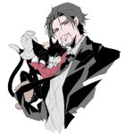  1boy animal black_hair black_jacket black_necktie brown_eyes cait_sith_(ff7) cape cat closed_eyes collared_shirt crown facial_hair fangs fangs_out final_fantasy final_fantasy_vii final_fantasy_vii_remake gloves goatee highres jacket looking_at_viewer male_focus mini_crown necktie pokashi red_cape reeve_tuesti shirt short_hair suit_jacket upper_body white_background white_gloves white_shirt 