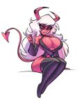  2022 big_breasts bigdad breasts cleavage clothed clothing demon female hair helluva_boss horn huge_breasts humanoid imp long_hair not_furry red_body simple_background smile solo spade_tail verosika_mayday_(helluva_boss) white_hair 