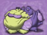  2021 anthro barefoot batspid2 big_breasts breasts clothed clothing digital_media_(artwork) duo feet female floral_print fur generation_1_pokemon generation_2_pokemon gengar mammal morbidly_obese morbidly_obese_anthro morbidly_obese_female nintendo obese obese_anthro obese_female overweight overweight_anthro overweight_female pokemon pokemon_(species) sewing_needle simple_background skull_accessory smile stitch_(sewing) thick_thighs trinity_(underdoggo) typhlosion undead video_games 