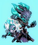  2boys armor bangs black_pants black_sclera chibi clenched_teeth colored_sclera cropped_legs english_text gauntlets green_background green_eyes green_hair hair_ornament hand_up highres jacket league_of_legends long_hair long_sleeves multiple_boys navel no_shirt octoling open_clothes open_jacket pants satt_(06satt) simple_background slit_pupils splatoon_(series) teeth tentacle_hair thresh_(league_of_legends) viego_(league_of_legends) watermark white_hair 