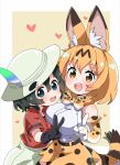  2girls animal_ears bangs black_eyes black_gloves black_hair blonde_hair bow bowtie brown_background brown_eyes commentary_request elbow_gloves extra_ears gloves grey_headwear grey_shorts hat_feather heart helmet high-waist_skirt hug kaban_(kemono_friends) kemono_friends looking_at_viewer miniskirt multiple_girls nekonyan_(inaba31415) open_mouth outside_border pith_helmet pose print_bow print_bowtie print_gloves print_skirt red_shirt serval_(kemono_friends) serval_print shirt short_hair shorts skirt sleeveless sleeveless_shirt smile standing t-shirt tail v white_shirt yellow_bow yellow_bowtie yellow_gloves yellow_skirt 