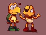  &lt;3 4_fingers anthro blush boots clothing duo eye_patch eyewear fingers footwear kazoko_(artist) koopa koopa_troopa male male/male mario_bros nintendo reptile scales scalie shell shoulder_guards smile the_super_mario_bros_movie turtle video_games yellow_body yellow_scales 