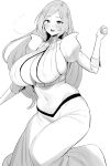  1girl absurdres bleach blush breasts covered_nipples hand_up highres hotate-chan inoue_orihime large_breasts long_hair looking_at_viewer midriff monochrome navel open_mouth sideboob smile solo stomach thighs 