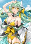  1girl arm_up armpits bangs bare_shoulders bikini blush breasts cleavage detached_collar dragon_girl dragon_horns fate/grand_order fate_(series) garter_straps green_hair highres horns japanese_clothes kiyohime_(fate) large_breasts long_hair long_sleeves looking_at_viewer morizono_shiki off_shoulder outdoors parted_lips smile solo swimsuit thighhighs thighs water white_thighhighs yellow_bikini yellow_eyes 