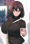  1girl absurdres bag between_breasts black_hair black_sweater blue_eyes bra_visible_through_clothes breasts carrying_bag cellphone commentary_request hair_between_eyes hand_up hayakawa_mayumi highres holding holding_phone huge_breasts looking_at_phone medium_hair original phone ribbed_sweater shiki_(psychedelic_g2) shoulder_bag silhouette smartphone solo_focus strap_between_breasts sweater train_station turtleneck turtleneck_sweater upper_body 