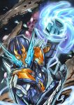  1boy aura belt blue_armor blue_eyes cherry_blossoms clenched_hands commentary_request compound_eyes cross-z_dragon dragon finishing_move fire flame flame_print flaming_hand galaxy glowing glowing_eyes highres incoming_attack kamen_rider kamen_rider_build_(series) kamen_rider_cross-z male_focus muto_shoma rider_belt signature solo space spikes teeth universe upper_body 