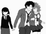  1boy 2girls aizawa_tomo blush breasts closed_eyes embarrassed greyscale gundou_misuzu hair_ornament hair_over_shoulder hair_scrunchie kubota_junichirou long_hair long_sleeves monochrome multiple_girls necktie official_style open_mouth school_uniform scrunchie striped_necktie tomboy tomo-chan_wa_onna_no_ko viperxtr wavy_mouth 