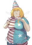  1girl absurdres american_flag_dress american_flag_legwear blonde_hair breasts cake clownpiece detached_wings double_chin fairy_wings fat food fork hat highres holding holding_fork holding_plate jester_cap kiyonetto large_breasts long_hair neck_ruff obese pantyhose party_hat plate pointy_hat solo star_(symbol) star_print striped touhou wings 