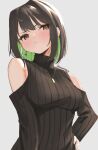  1girl bangs bare_shoulders black_hair black_sweater blush borrowed_character breasts brown_eyes clothing_cutout earrings green_hair grey_background hand_on_hip jewelry large_breasts looking_to_the_side miru_(ormille) mole necklace original pout ribbed_sweater shoulder_cutout skeptycally sweater 