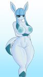  animal_humanoid anthro arm_under_breasts big_breasts blue_body blue_hair blue_nipples breasts curvy_figure eeveelution female fish generation_4_pokemon genitals glaceon hair hi_res humanoid marine marine_humanoid nintendo nipples pokemon pokemon_(species) pussy simple_background solo standing thick_thighs video_games zeroart_(artist) 