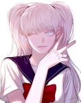  1boy 1male bishounen blue_eyes crossdressing gojou_satoru happy highres jujutsu_kaisen lipgloss long_hair looking_at_viewer one_eye_closed otoko_no_ko pink_lips school_uniform white_hair 