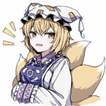  1girl blonde_hair breasts fox_tail hands_in_opposite_sleeves hat highres kitsune long_sleeves looking_at_viewer multiple_tails open_mouth pillow_hat short_hair simple_background smile solo tabard tail touhou white_background white_headwear yakumo_ran yellow_eyes yonoisan 