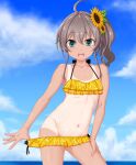  1girl ahoge bangs bikini bikini_pull blue_eyes blue_sky brown_hair clothes_pull cloud cloudy_sky commentary cowboy_shot day flat_chest flower frilled_bikini frills groin hair_flower hair_ornament halterneck highres hololive horizon looking_at_viewer medium_hair natsuiro_matsuri navel ocean one-piece_tan open_mouth outdoors pulled_by_self seushiki_(ponti-ron) side_ponytail sky smile solo standing sunflower_hair_ornament swimsuit tan tanlines textless_version virtual_youtuber yellow_bikini 