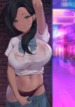  1girl :q absurdres arm_behind_head arm_up black_hair blue_skirt bow bowtie bra bra_visible_through_clothes breasts brown_eyes closed_mouth clothes_pull commission crop_top hair_over_shoulder highres large_breasts long_hair looking_at_viewer midriff mr_arme naughty_face navel original outdoors panties pleated_skirt red_panties see-through shirt short_sleeves side-tie_panties skirt skirt_pull smile solo stomach string_panties tongue tongue_out underwear white_bra white_shirt 