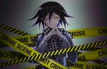  1boy artist_name bangs black_hair black_scarf buttons checkered_clothes checkered_scarf crime_scene danganronpa_(series) danganronpa_v3:_killing_harmony double-breasted facing_viewer flipped_hair gradient gradient_background grey_background grey_jacket hands_up highres jacket male_focus multicolored_hair ouma_kokichi own_hands_together pink_hair scarf smile solo two-tone_hair upper_body very_fruity white_scarf 