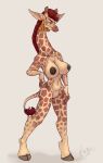  absurd_res areola breasts cloven_hooves ear_piercing featureless_crotch female giraffe giraffid green_eyes hi_res hooves intersex long_neck mammal nipples piercing simple_background skuttz white_background 