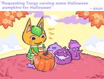  animal_crossing anonymous_artist autumn blush carving clothing cloud domestic_cat dress felid feline felis female food fruit fur grass green_clothing green_dress gyroid jack-o&#039;-lantern leaf mammal nintendo orange_(fruit) orange_body orange_fur outside plant smile solo standing sun tangy_(animal_crossing) text video_games 