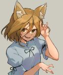  1girl animal_ears blonde_hair fox_ears fox_shadow_puppet fox_tail grey_background highres kudamaki_tsukasa open_mouth romper short_hair short_sleeves simple_background smile solo tail take_no_ko_(4919400) touhou upper_body white_romper yellow_eyes 