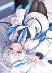  1girl black_pantyhose blue_archive blue_necktie closed_mouth duplicate halo highres long_sleeves looking_at_viewer lying narushima_kanna necktie noa_(blue_archive) on_back on_bed pantyhose pleated_skirt purple_eyes skirt smile solo upside-down white_hair white_skirt 