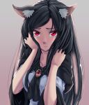  1girl animal_ear_fluff animal_ears breasts brooch brown_hair collarbone dress hands_in_hair highres imaizumi_kagerou jewelry long_hair long_sleeves looking_at_viewer medium_breasts red_eyes solo tenamaru touhou white_dress wide_sleeves wolf_ears wolf_girl 