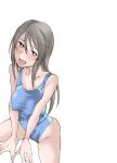  1girl blue_one-piece_swimsuit blush breasts brown_eyes brown_hair competition_swimsuit elf_(stroll_in_the_woods) girls_und_panzer highleg highres implied_sex long_hair looking_at_viewer medium_breasts mika_(girls_und_panzer) one-piece_swimsuit sidelocks solo sweat swimsuit tongue tongue_out white_background 