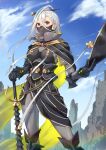 1girl ajirogasa armor assassin_of_mt_liang bangs belt black_armor black_belt black_mask blue_sky breasts cloud commentary_request covered_mouth crossed_belts day fate/grand_order fate_(series) floating_hair gauntlets hair_ornament hairpin hat hat_removed headwear_removed highres holding holding_clothes holding_hat holding_sword holding_weapon long_hair looking_at_viewer mask medium_breasts mouth_mask nakaga_eri outdoors purple_eyes revision sky solo sword weapon white_hair 