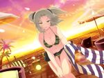  1girl bangs beach bikini breasts camouflage cleavage day glasses green_eyes highres horizon imu_(senran_kagura) large_breasts light_brown_hair looking_at_viewer navel ocean open_mouth outdoors palm_tree parted_bangs sand semi-rimless_eyewear senran_kagura senran_kagura_new_link short_twintails sky smile solo standing summer sunlight swimsuit tree twintails under-rim_eyewear water yaegashi_nan 