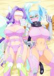  2girls blue_eyes blue_hair blush boots breasts butterfly_hair_ornament butterfly_wings cleavage covered_eyes digimon digimon_(creature) digimon_frontier facial_mark fairymon feathered_wings feet_out_of_frame garter_straps gloves hair_ornament hair_wings head-mounted_display highres long_hair looking_at_viewer mask midriff mouth_mask multiple_girls navel otokamu purple_hair short_hair shutumon swimsuit thigh_boots thighhighs wings 