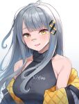  1girl :d bandaid bandaid_on_face bandaid_on_nose bangs bare_shoulders blunt_bangs breasts collarbone commentary constricted_pupils dot_nose grey_hair hachi_(live_union) hair_ornament large_breasts light_blush live_union long_bangs long_hair looking_at_viewer mole mole_under_eye off_shoulder open_mouth parted_bangs puffy_sleeves shadow shirt shougun_(chuckni1) simple_background smile taut_clothes taut_shirt upper_body virtual_youtuber white_background yellow_eyes 