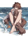  1girl absurdres animal animal_ears arknights bad_source bare_legs barefoot blush braid brown_eyes brown_hair capelet choker coat collarbone highres ocean open_mouth otter otter_ears otter_girl otter_tail revision roberta_(arknights) roberta_(summer_flowers)_(arknights) seashell shell short_hair smile starfish swimsuit tail togekk0 water white_capelet 