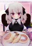  1girl 2022 bangs basket blush butter coffee coffee_cup collared_shirt cup disposable_cup food hair_between_eyes hair_ornament highres looking_at_viewer open_mouth original pancake plate red_eyes shirt white_hair yashiro_ryo 